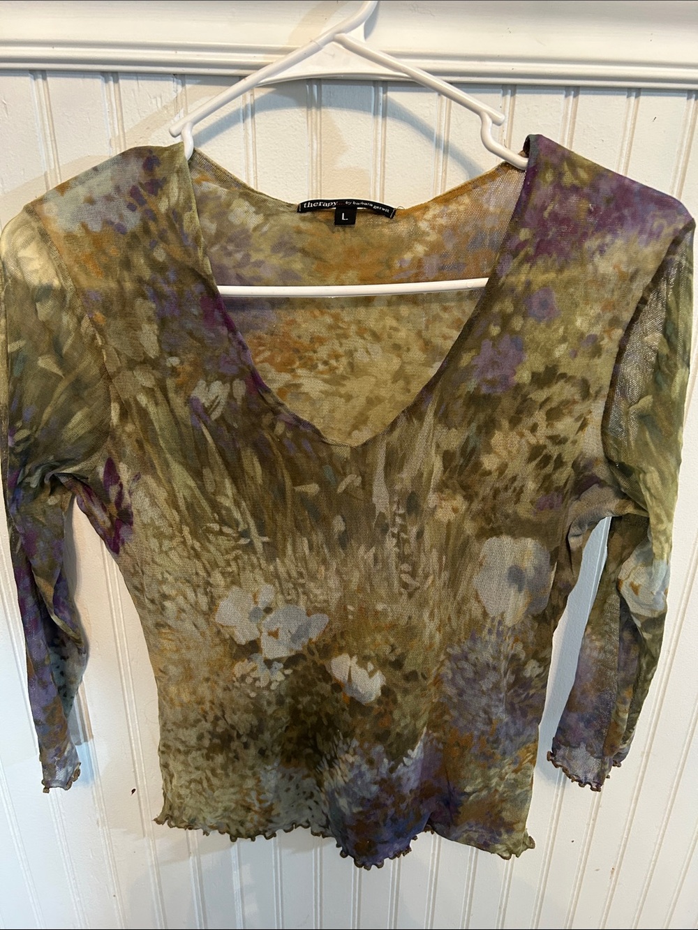 therapy Olive Green and Purple Floral Mesh Top